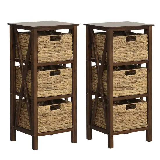 Costway 1/2 PCS 3-Tier Nightstand with 3 Seagrass Baskets Rubber Wood X-Shaped Frames 3 Drawers {7}