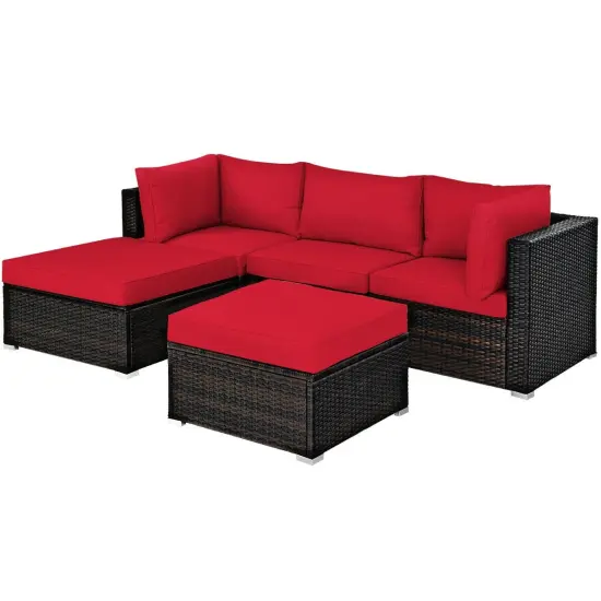 5 Pieces Patio Sectional Rattan Furniture Set with Ottoman Table Red {4}