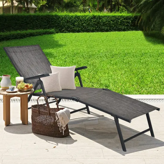 Patio Foldable Chaise Lounge Chair with Backrest and Footrest Grey {2}