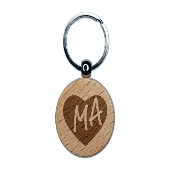 MA Massachusetts State in Heart Engraved Wood Round Keychain Tag Charm {1}