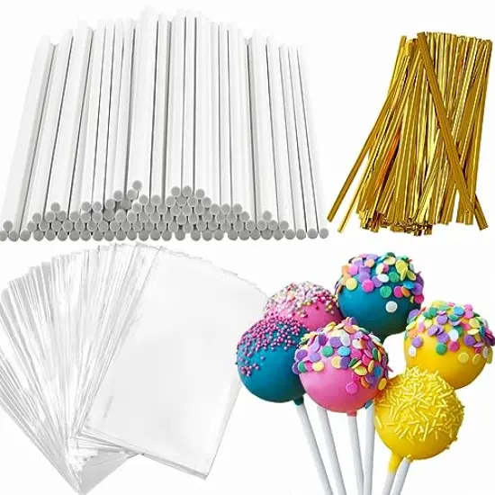 360 Pieces Cake Pop Sticks and Wrappers Ties Kit, Including 120ct 6-inch Paper Lollipop Sticks, 120ct Cake Pop Parcel Bags, 120ct Gold Twist Ties for Candy Making Packaging Supplies {2}
