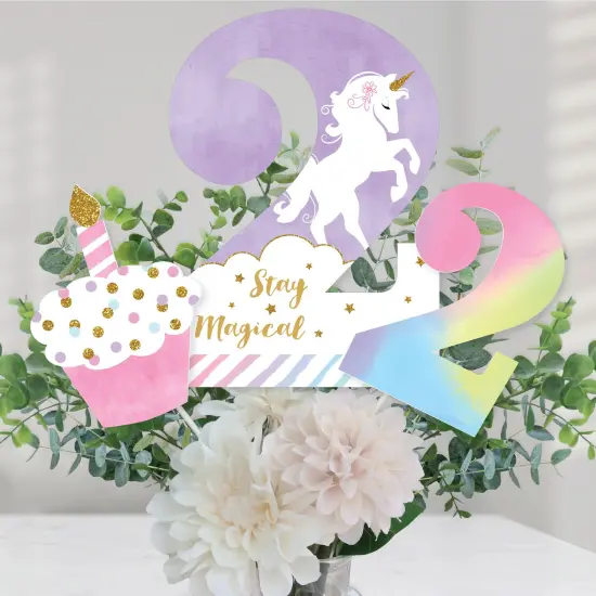 Big Dot of Happiness 2nd Birthday Rainbow Unicorn - Magical Unicorn Second Birthday Party Centerpiece Sticks - Table Toppers - Set of 15 {1}