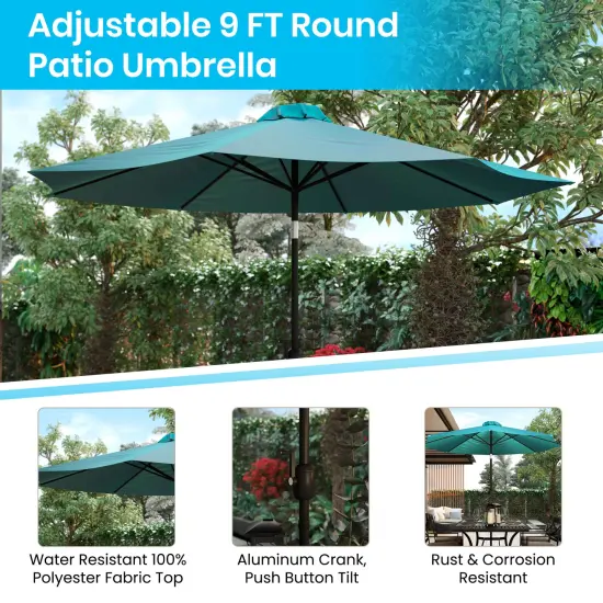 Merrick Lane Square Faux Teak Outdoor Dining Table with Powder Coated Steel Frame, 9' Adjustable Umbrella and Base Teal {4}