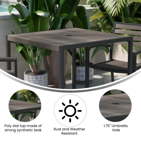 Merrick Lane Faux Teak Outdoor Dining Table with Powder Coated Steel Frame and Umbrella Hole Gray Wash Teak {2}