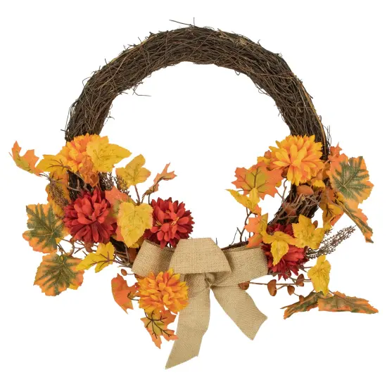 Northlight 20" Fall Foliage with Mum Flowers Artificial Thanksgiving Twig Wreath - Unlit Orange {1}