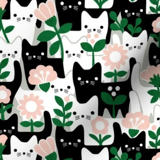 Various Fabrics by the Yard or Fat Quarter Whimsical Cats Black And White Flowers Garden Kitten Cute Folk Art Dollhouse Small Scale Leaves Cat Faces Playful Kittens Abstract Custom Printed Fabric by Spoonflower {7}