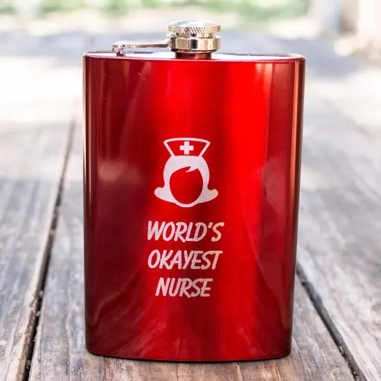 8oz RED World's Okayest Nurse Flask {2}