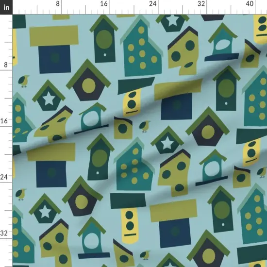 Various Fabrics by the Yard or Fat Quarter Birdhouse Colorful Cheerful Gardening Birding Teal Blue Green Custom Printed Fabric by Spoonflower {1}