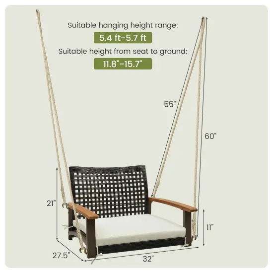 Costway Outdoor Single Swing Chair Bench 1-Person Rattan Porch Swing with Cushion {3}
