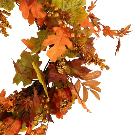 Northlight Gold Berries and Autumn Leaves Fall Harvest Artificial Twig Wreath - 22" - Unlit Orange {4}