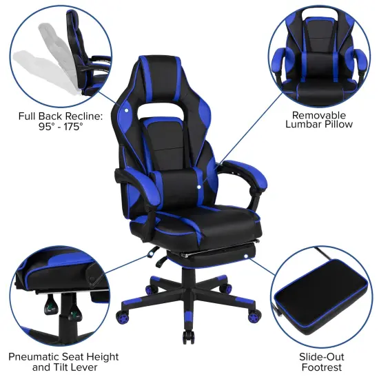 Emma and Oliver Ergonomic Gaming Chair -Recline Back/Arms, Footrest, Massaging Lumbar Black/Blue {2}