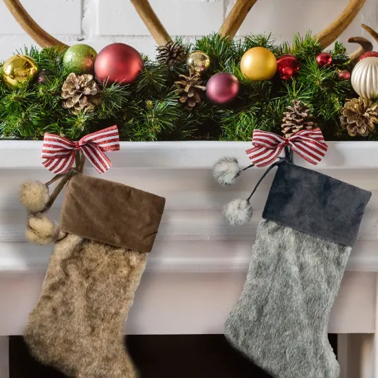 Northlight 20.5" Brown Plush Christmas Stocking with Corduroy Cuff and Pom Poms Beige {4}