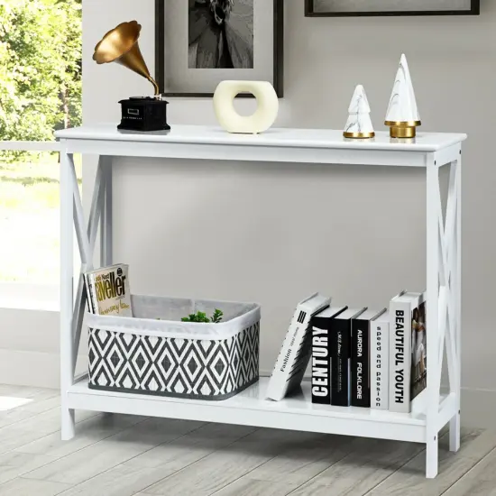 2-Tier Console X-Design Sofa Side Accent Table with Spacious Storage Space White {2}