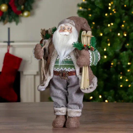 Northlight 18" Standing Santa Christmas Figure Carrying Presents and Skis Brown {3}
