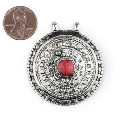 The Bead Chest Coral-Inlaid Afghan Tribal Pendant (42x46mm) {2}