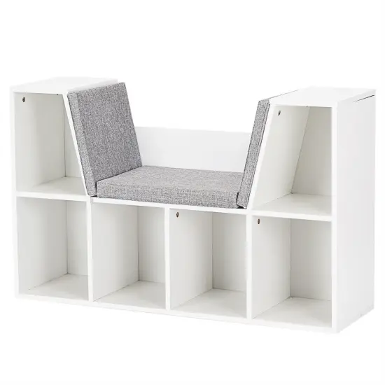 6-Cubby Kid Storage Bookcase Cushioned Reading Nook White {4}