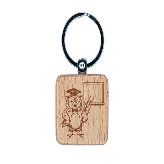 Owl Teacher with Blank Whiteboard Chalkboard Engraved Wood Square Keychain Tag Charm {1}