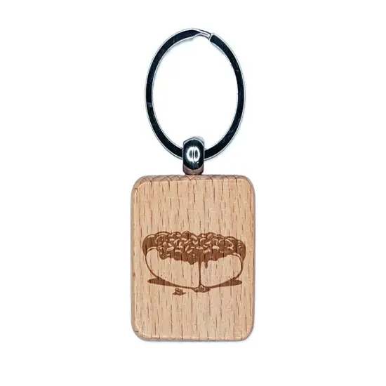 Sloppy Messy Chili Cheese Dog Plump Hotdog Frank on a Bun Engraved Wood Square Keychain Tag Charm {1}