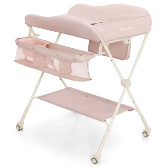 Baby Diaper Changing Table with Water Basin Wheel Pink {3}