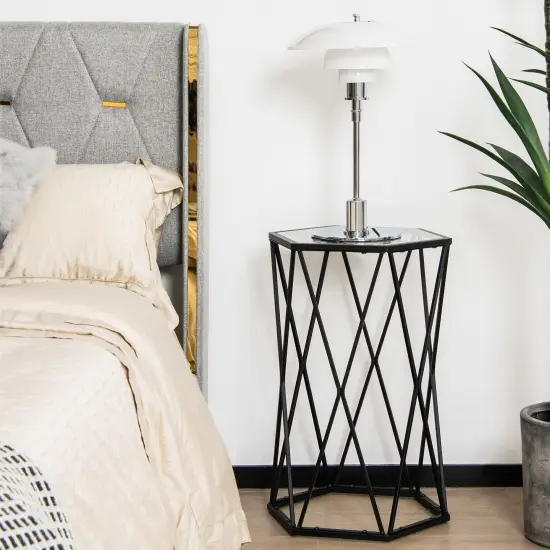 End Table Tempered Glass Top Metal Frame Hexagonal Accent Side Table Living Room {6}