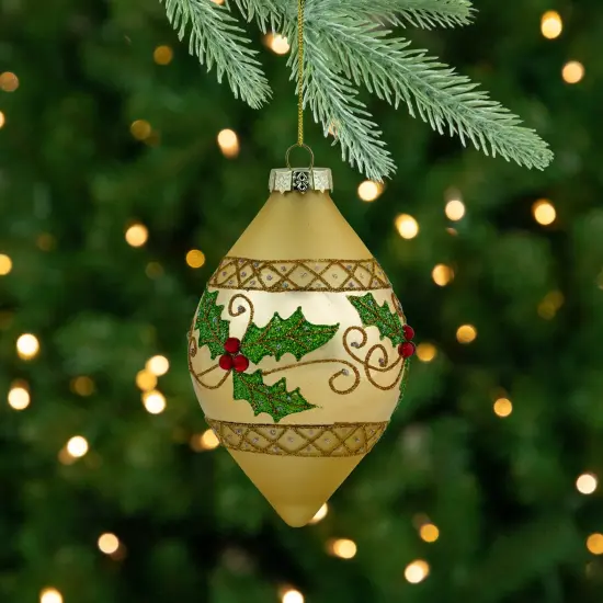 Northlight Set of 2 Golden Glitter Holly Finial Christmas Glass Ornaments 5" {3}