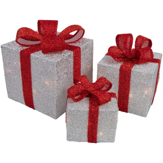 Northlight Set of 3 Silver Tinsel Lighted Gift Boxes with Red Bows Outdoor Christmas Decorations {1}