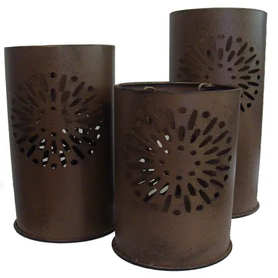 Sterling Set of 3 Distressed Floral Metal Tea Light Candle Lantern Holders 8" - 12" Brown {1}