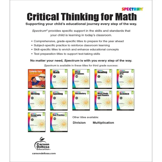 Spectrum Grade 3 Critical Thinking for Math Workbook, Addition and Subtraction With Up to 4 Digit Numbers, Multiplication, Division, Fractions, and More Mathematics, Classroom or Homeschool Curriculum {2}