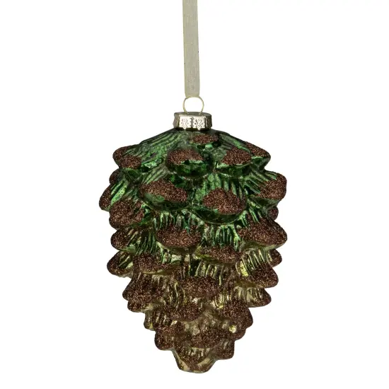 Northlight Pine Cone with Glitter Glass Christmas Ornament - 4.5" - Green and Brown {1}