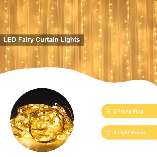 Perfect Holiday 300 LED Curtain Lights Plug In With 8 Light Modes - Copper Wire Warm white {2}