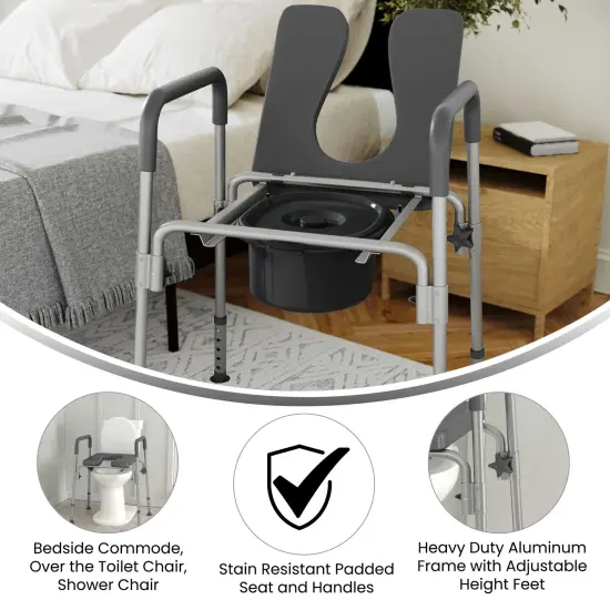 Emma and Oliver Maury Shower Commode Chair with Safety Rail, Height Adjustable Frame, Padded Seat & Armrests, Removable Pail with Lid, Fits Most Toilets Gray {2}