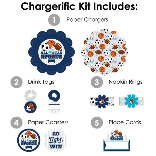 Big Dot of Happiness Go, Fight, Win - Sports - Baby Shower or Birthday Party Paper Charger & Table Decorations Chargerific Kit for 8 {4}