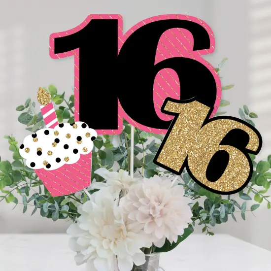 Big Dot of Happiness Chic 16th Birthday - Pink, Black and Gold - Birthday Party Centerpiece Sticks - Table Toppers - Set of 15 {1}