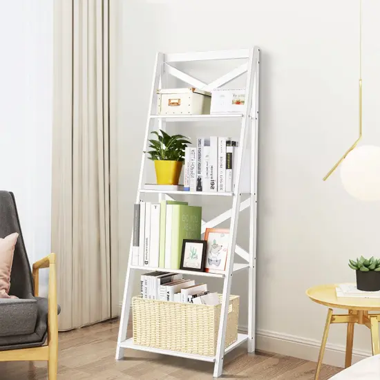 Costway 4-Tier Ladder Shelf Bookshelf Bookcase Storage Display Plant Leaning Shelf White {6}