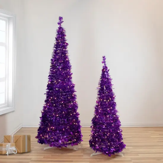 Northlight 6' Pre-Lit Purple Tinsel Pop-Up Artificial Christmas Tree, Clear Lights {3}