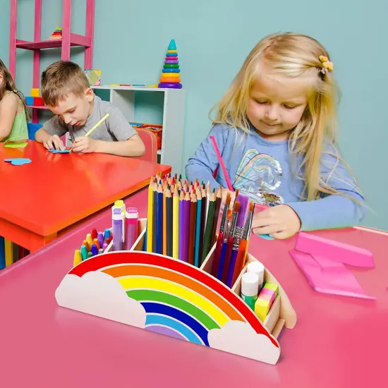 Wooden Pen Holder & Pencil Holders - Rainbow Supply Caddy Phone Holder Desk Organizer for Office Supplies Makeup Brush Classroom Organization for Women & Kids {5}