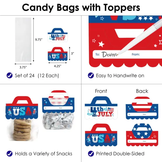 Big Dot of Happiness Firecracker 4th of July - DIY Red, White and Royal Blue Party Clear Goodie Favor Bag Labels - Candy Bags with Toppers - Set of 24 {4}
