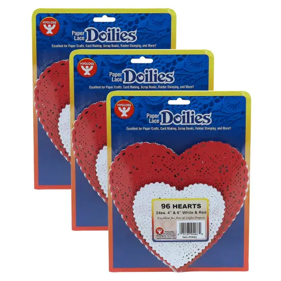 Doilies, White & Red Hearts, 4" & 6", 96 Per Pack, 3 Packs {1}