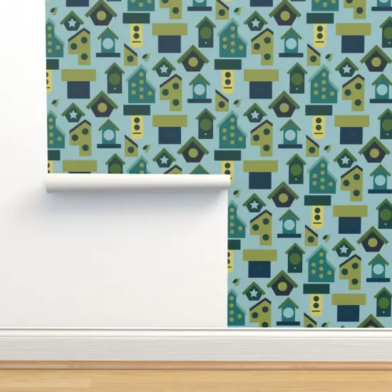 Peel & Stick Wallpaper 2FT Wide Birdhouse Colorful Cheerful Gardening Birding Teal Blue Green Custom Removable Wallpaper by Spoonflower {2}