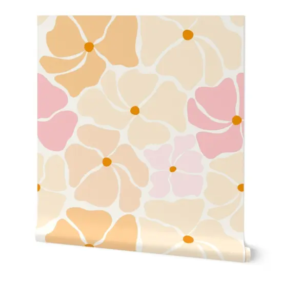 Peel & Stick Wallpaper 2FT Wide Retro Floral Pink Yellow Orange Pastel Flowers Custom Removable Wallpaper by Spoonflower {7}