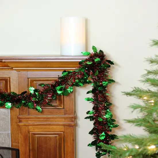Northlight Shiny Tinsel Commercial Christmas Garland with Holly 50' - Red and Green - Unlit {4}
