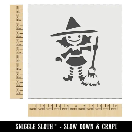 Cute Young Halloween Witch with Broom and Hat Wall Cookie DIY Craft Reusable Stencil {1}