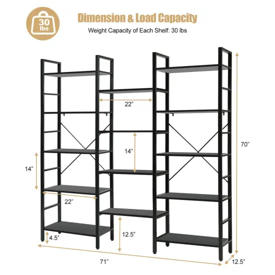 Costway Triple Wide 5-tier Bookcase Large Bookshelf Display Storage Shelf Vintage Black {3}
