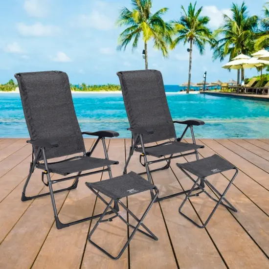 4 Pieces Patio Adjustable Back Folding Dining Chair Ottoman Set Grey {6}