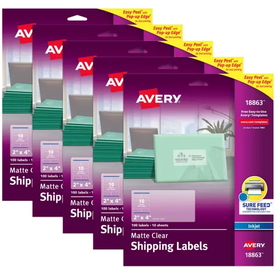 Avery Matte Clear Shipping Labels, Sure Feed Technology, Inkjet, 2" x 4", 100 Labels (18863) - 5 Pack {1}