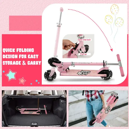 Kids Folding Kick Scooter with 3 Adjustable Heights for Outdoor Pink {5}