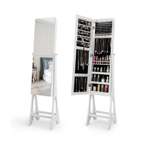 Freestanding Jewelry Cabinet Armoire Organizer with Bevel Edge Mirror White {4}