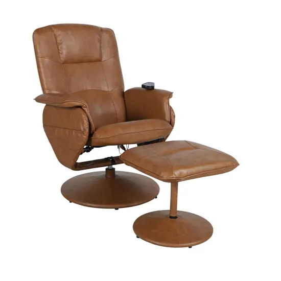 Emma and Oliver Massaging Multi-Position Recliner with Deep Side Pockets and Ottoman with Wrapped Base Brown {1}