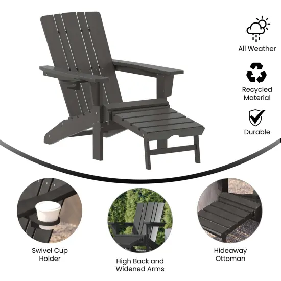 Merrick Lane Ridley HDPE Adirondack Chair with Cup Holder and Pull Out Ottoman, All-Weather HDPE Indoor/Outdoor Lounge Chair Red {7}