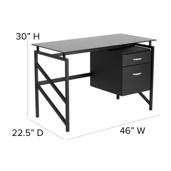 Emma and Oliver Two Drawer Pedestal Desk with Tempered Glass Top and Metal Frame Black {4}